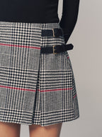 Double Belt Accent Houndstooth Mini Skirt for Women Trendy Winter Wear