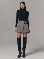 Double Belt Accent Houndstooth Mini Skirt for Women Trendy Winter Wear