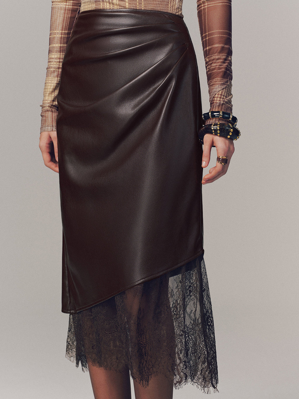 Lace Hem Faux Leather Ruched Midi Skirt High Waist Trendy Style