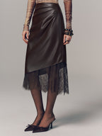 Lace Hem Faux Leather Ruched Midi Skirt High Waist Trendy Style