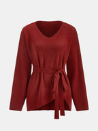 V-Neck Belted Sweater - Cozy Winter Knitwear Essentials