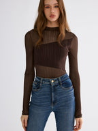 Mock Neck Contrast Mesh Top with Sheer Sleeves for Women