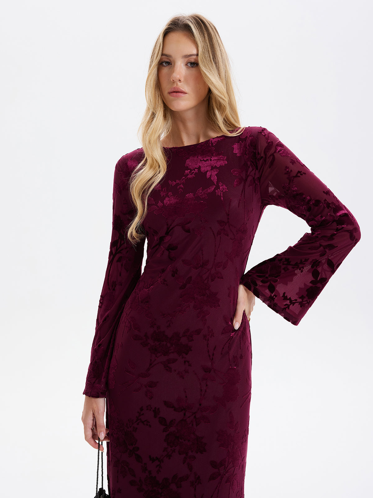 Floral-Jacquard Backless Maxi Dress for Women with Elegant Evening Design