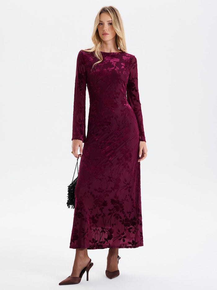 Floral-Jacquard Backless Maxi Dress for Women with Elegant Evening Design