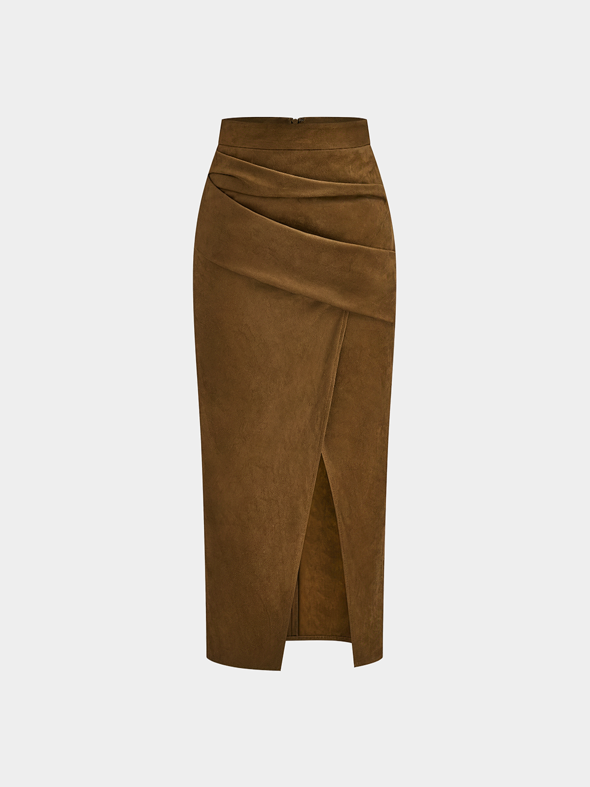 Draped Slit Suede Effect Midi Skirt with Elastic Waistband