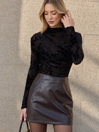 Velvet Floral Mesh Mock Neck Top Lightweight Long Sleeve Pullover