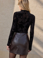 Velvet Floral Mesh Mock Neck Top Lightweight Long Sleeve Pullover