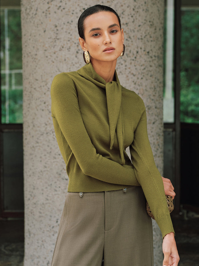 Wool-Blend Tie-Neck Fitted Knit Top for Women Comfortable Winter Essential
