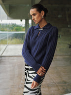 Cable-Knit Polo Collar Buckle-Detail Sweater for Winter Comfort