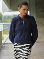Cable-Knit Polo Collar Buckle-Detail Sweater for Winter Comfort