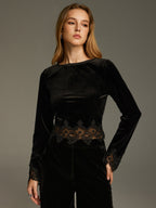 Lace Panel Velvet Long-Sleeve Top for Women with Elegant Design