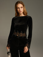 Lace Panel Velvet Long-Sleeve Top for Women with Elegant Design