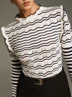 Ruffled Striped Openwork Knit Top Women Trendy Comfort Fit