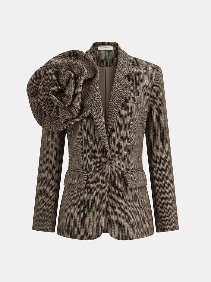 Large 3D Flower Single Button Tweed Blazer for Women Elegant Outerwear