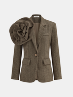 Large 3D Flower Single Button Tweed Blazer for Women Elegant Outerwear