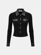 Faux Leather Panel Button-Front Knit Top with Long Sleeves and V-Neck Styling