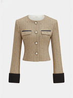 Contrast Cuff Pearl Button Tweed Jacket - Elegant Women's Classic Style Outerwear