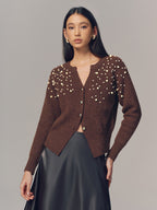 Pearl Embellished Wool Blend Cardigan with Elegant Button Details