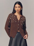 Pearl Embellished Wool Blend Cardigan with Elegant Button Details