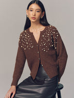Pearl Embellished Wool Blend Cardigan with Elegant Button Details