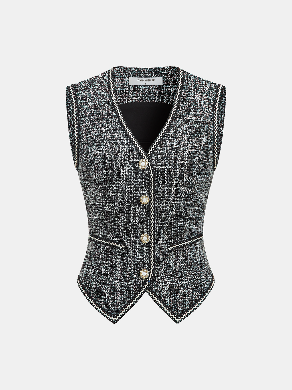 Tweed V-Neck Sleeveless Vest Classic Buttoned Layer Piece