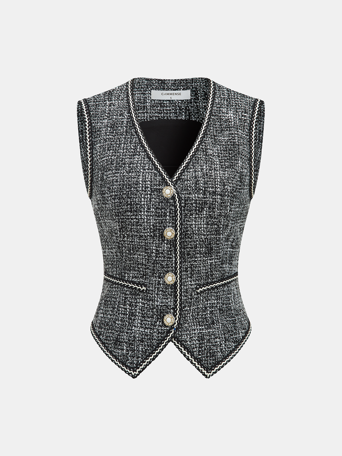 Tweed V-Neck Sleeveless Vest Classic Buttoned Layer Piece