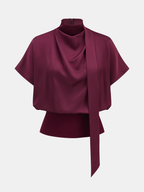 Draped Satin Mock Neck Blouse with Tie for Women, Elegant Long Sleeve Top
