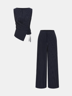 Pinstripe Wrap Top & Wide-Leg Pants Set for Women Office Wear