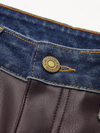 Denim Panel Faux Leather Straight-Leg Pants, Casual Chic High-Waisted Design
