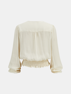 Lace Trim Smocked Waist Long Sleeve Blouse Women's Elegant Casual Top
