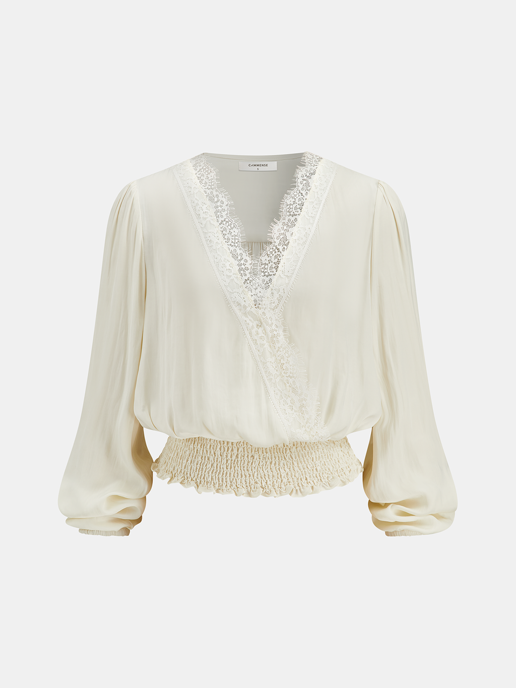 Lace Trim Smocked Waist Long Sleeve Blouse Women's Elegant Casual Top