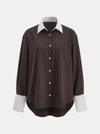Contrast Collar Pinstripe Loose Shirt for Casual Business Wear