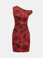 Floral Print One-Shoulder Ruched Bodycon Dress for Evening Party