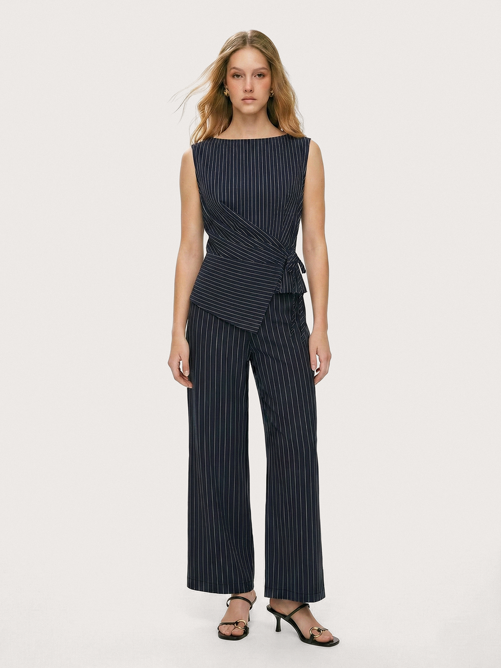 Pinstripe Wrap Top & Wide-Leg Pants Set for Women Office Wear