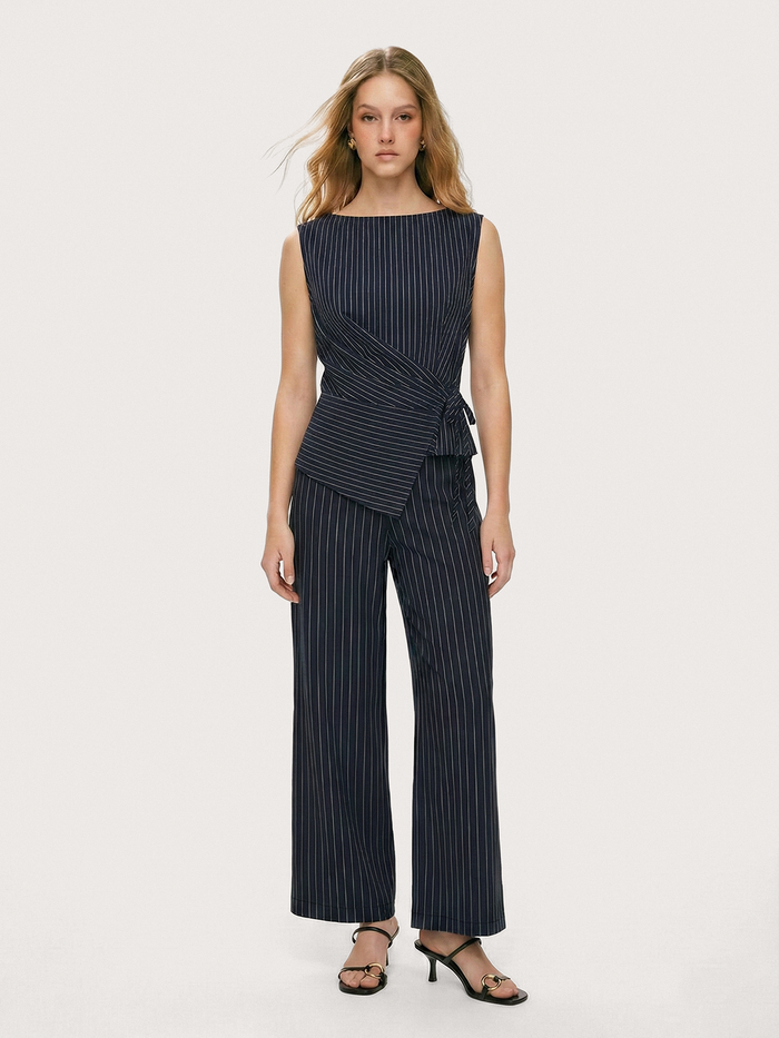 Pinstripe Wrap Top & Wide-Leg Pants Set for Women Office Wear