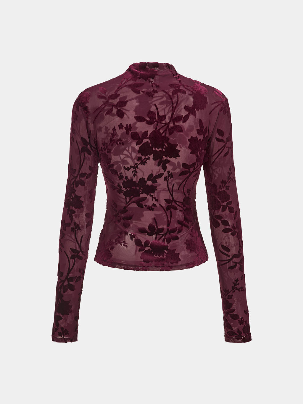 Velvet Floral Mesh Mock Neck Top Lightweight Long Sleeve Pullover