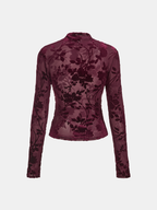 Velvet Floral Mesh Mock Neck Top Lightweight Long Sleeve Pullover