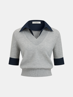 Contrast Collar Elbow Sleeve Knit Top for Women Casual Wear