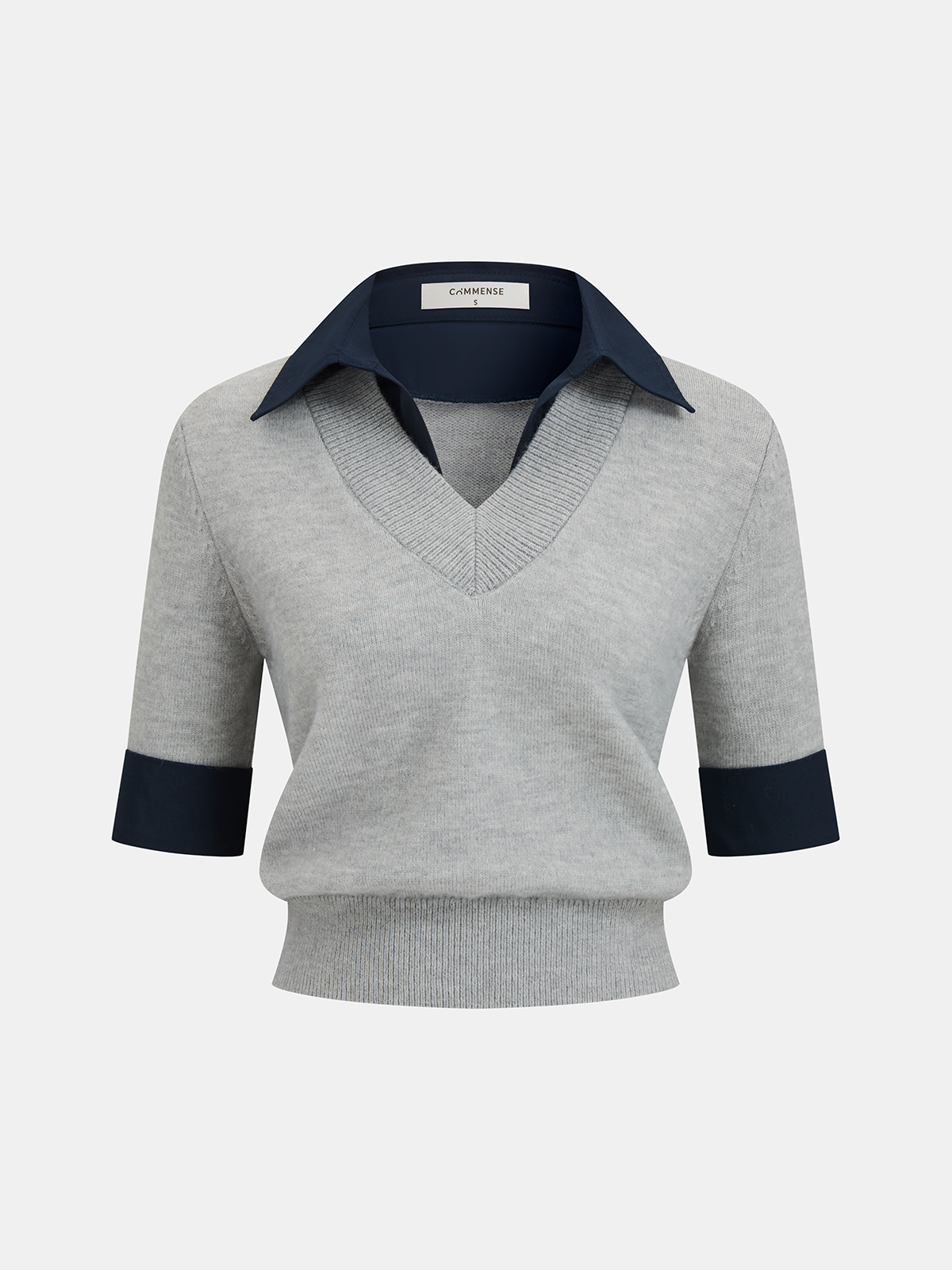 Contrast Collar Elbow Sleeve Knit Top for Women Casual Wear