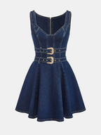 Denim Double-Buckle Mini Dress with Adjustable Straps