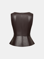 Belted Faux Leather Top with Trendy High Collar