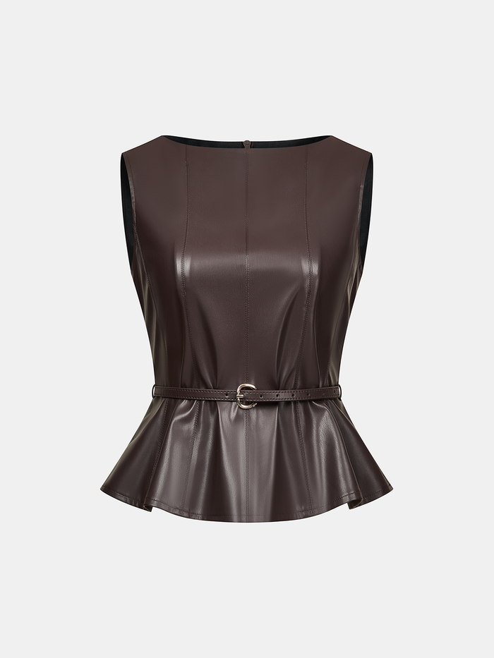 Belted Faux Leather Top with Trendy High Collar