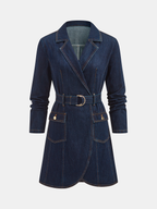 Belted Denim Blazer Dress with Tailored Fit and Vintage Wash