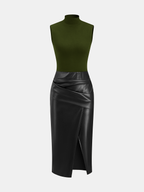 Faux Leather Panel Mock Neck Sleeveless Dress for Women, Elegant Party Outfit