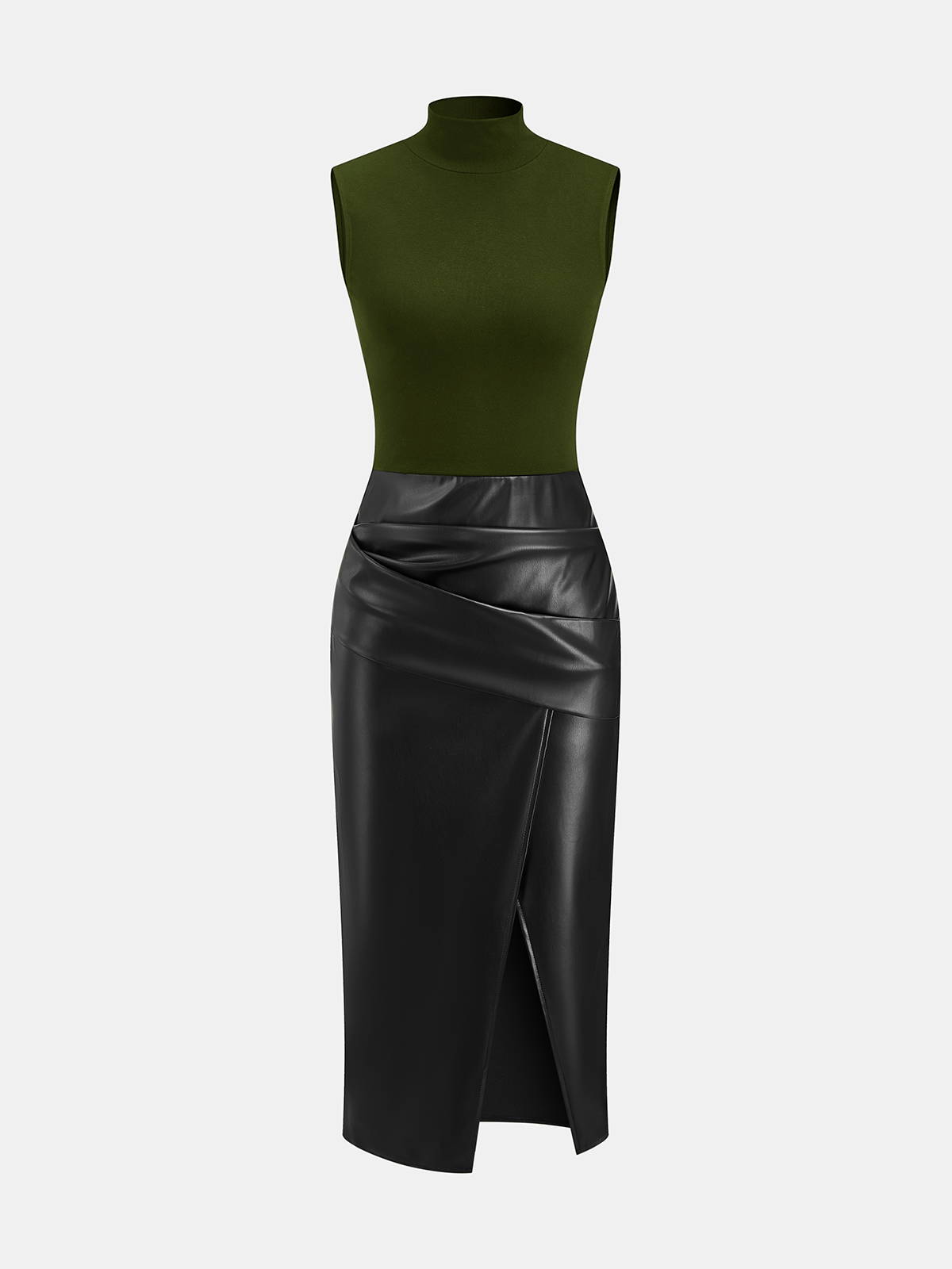 Faux Leather Panel Mock Neck Sleeveless Dress for Women, Elegant Party Outfit