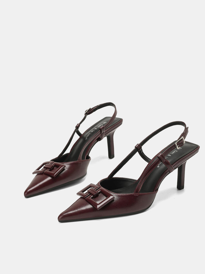 Square Accent Pointed-Toe Slingback Heels, Elegant Evening Wear, Stiletto Design