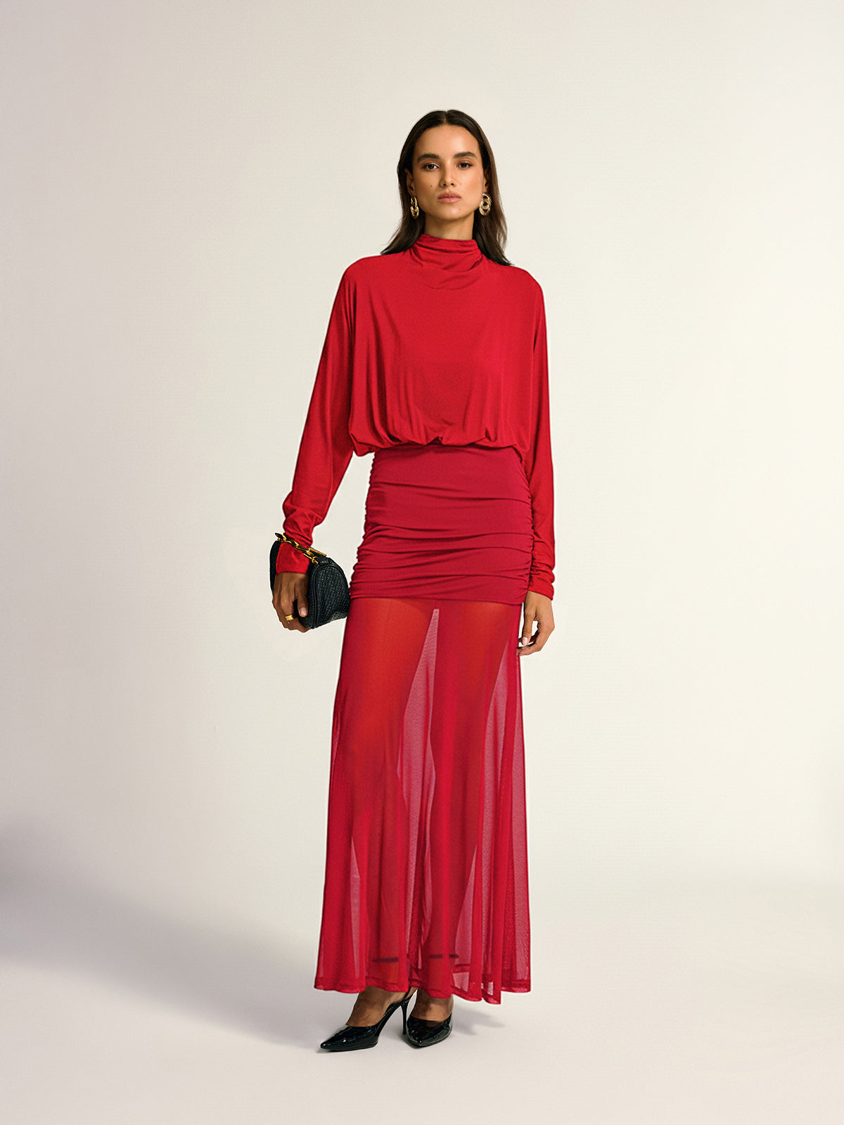 Turtleneck Long Sleeve Drape Ruched Mesh Dress Elegant Party Evening Wear