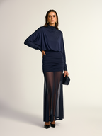 Turtleneck Long Sleeve Drape Ruched Mesh Dress Elegant Party Evening Wear