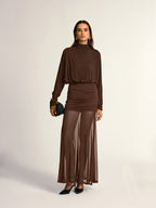 Turtleneck Long Sleeve Drape Ruched Mesh Dress Elegant Party Evening Wear