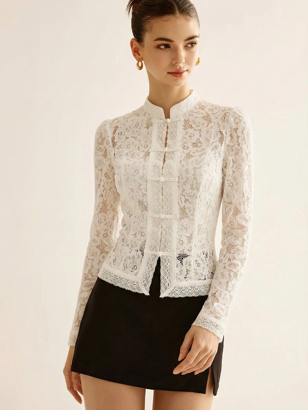 Frog Closure Lace Mandarin Collar Blouse Elegant Women's Traditional Top